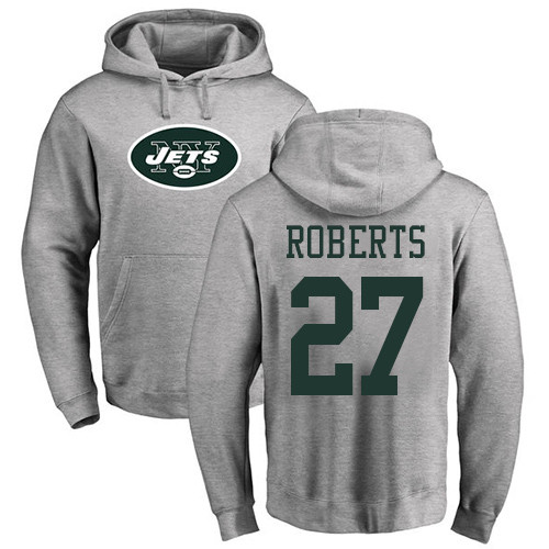 New York Jets Men Ash Darryl Roberts Name and Number Logo NFL Football #27 Pullover Hoodie Sweatshirts